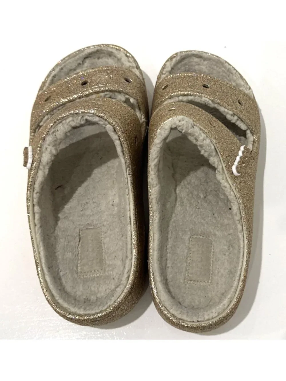 Crocs Gold Glitter Fuzzy Lined Slip On 2 Strap Sandal Slides Mens 9 Womens 11